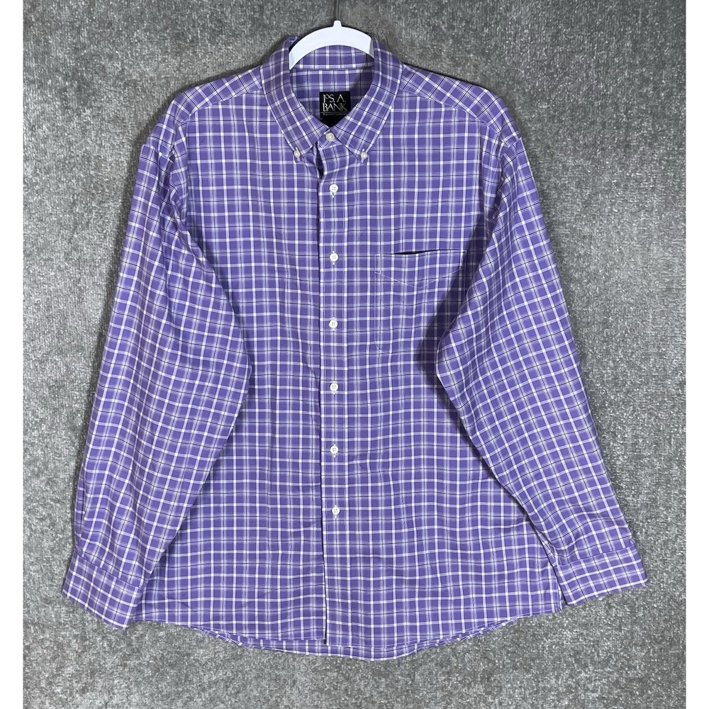 Jos A Bank Travelers Button Down Shirt Mens Sz L Purple Plaid Pocket Long Sleeve